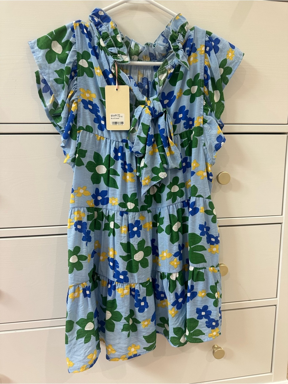 entro Blue Floral Ruffle-Tiered Girls Dress with Green & Yellow Accents